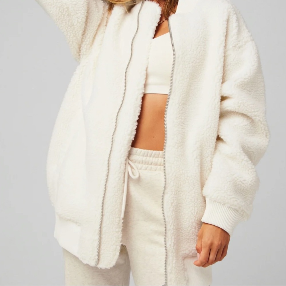 Fabletics White Bomber Jacket with Ribbed Cuffs